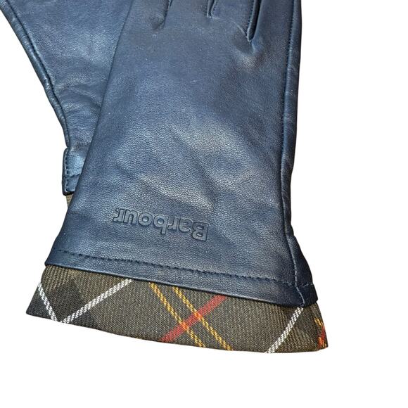 Barbour Navy Tartan Trimmed Leather Gloves Small - Picture 2 of 6